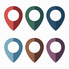 Six location markers, each in a distinct color. These markers are designed as pin-like shapes with a circular hole in the center. They are arranged in two rows, with three markers in each row. 