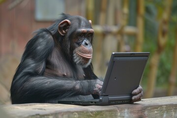 Intelligent chimpanzee using laptop computer, working remotely from jungle