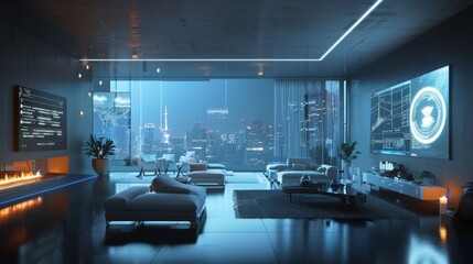 Futuristic Living Room with Holographic Infographic Banners