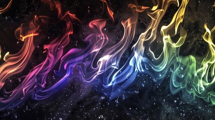 Swirling tendrils of colorful smoke against a black background. Vibrant hues of yellow, green, purple, and blue blend and intertwine, creating an ethereal and mesmerizing abstract composition.	