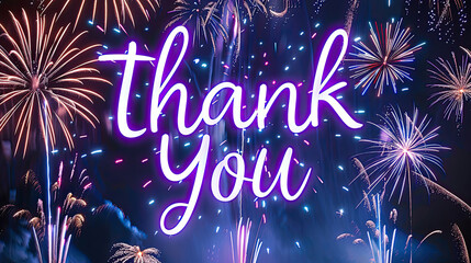 "Thank You" written in royal purple script on a midnight blue sky, fireworks bursting into blossoms of celebration. Expressing gratitude with regal flair.