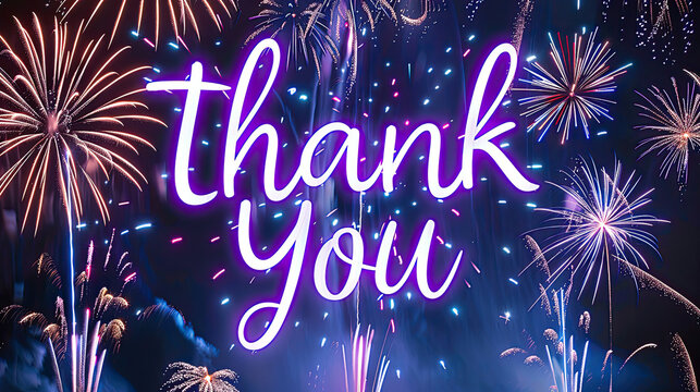 "Thank You" written in royal purple script on a midnight blue sky, fireworks bursting into blossoms of celebration. Expressing gratitude with regal flair.