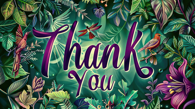 "Thank You" written in royal purple script on an enchanted forest green background, adorned with mystical creatures and magical foliage. Conveying gratitude with fairy-tale charm.