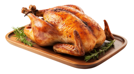whole roasted chicken, baked chicken close view, isolated on transparent background, cutout. Clipping path. Png file for graphic artwork.