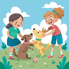 kids play with pet dog vector illustration