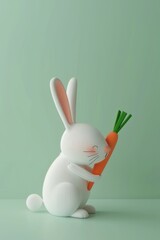 a white rabbit holding a carrot on a green background