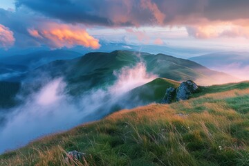 Fototapeta premium a beautiful view of clouds and grass on a mountain