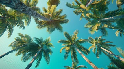 the upward view of coconut trees against the backdrop of the azure sea, their rustling leaves whispering secrets of the tropical paradise they call home.