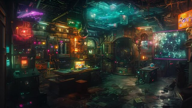 Cyberpunk control room vibrant with neon hues