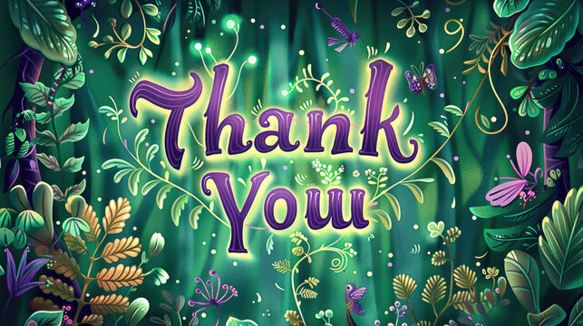 "Thank You" written in royal purple script on an enchanted forest green background, adorned with mystical creatures and magical foliage. Conveying gratitude with fairy-tale charm.