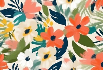 Fototapeta premium A seamless pattern of colorful floral brush strokes on a light linen texture background
