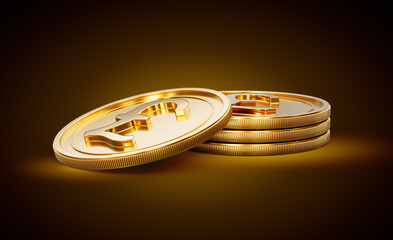 Stack Of Golden Shiny British Pound Rounded Coins On Shiny Golden Glow Background 3d Illustration