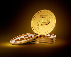 Stack Of Golden Shiny Russian Ruble Rounded Coins On Shiny Golden Glow Background 3d Illustration