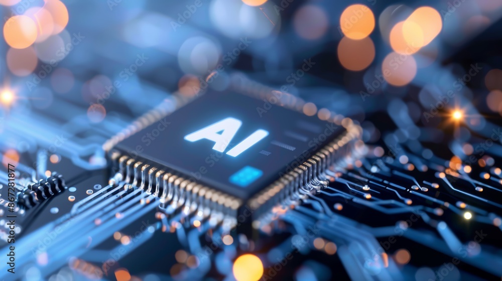 Aufkleber close-up view of a state-of-the-art microchip, the text 