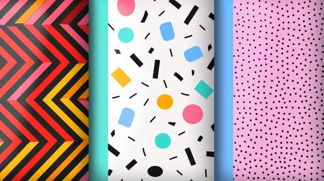 Comprehensive Memphis pattern set, seamless featuring 80s-90s style, vibrant hues and dynamic shapes, perfect for unique fashion design projects