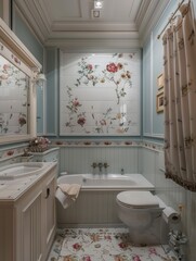 a bathroom with floral wallpaper and a tub