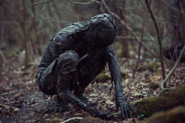Obraz premium Hunched black creature with textured skin crawling through a misty forest floor