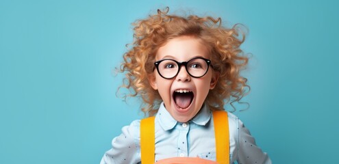 Excited child with curly hair and glasses