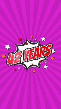 Celebratory animation for 42nd forty-second anniversary - 42 forty-two years birthday. Animated text on pop colorful background with rotating rays.