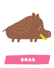 Learn swamp nature flashcard. Learning English words for kids. Cute hand drawn doodle educational card with boar animal. Preschool bog, morass, backwater nature learning material