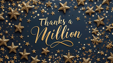 "Thanks a Million" in elegant gold script on a navy blue card, surrounded by cascading golden stars. Expressing gratitude for the incredible journey we've shared.