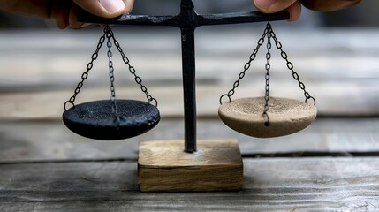 A close-up view of a hand holding a miniature balance scale, with one side black and the other side beige, symbolizing balance and contrast.