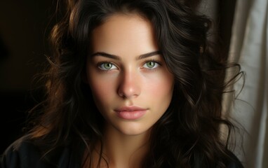 Fototapeta premium A close up portrait of a young woman with long brown hair and captivating green eyes
