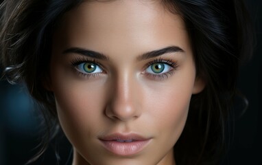 Fototapeta premium A close up portrait of a young woman with dark hair and striking blue eyes looking directly at the camera