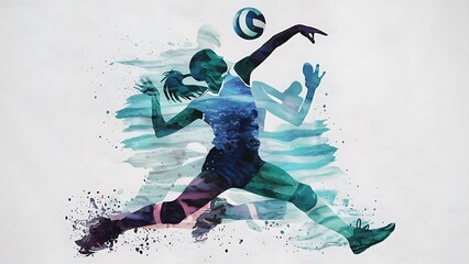 Aquarelle style silhouette volleyball player spiking ball with brush strokes and splash on white background