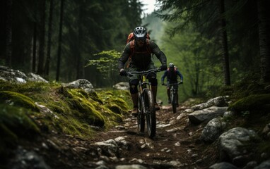 Naklejka premium A mountain biker rides through a dense forest on a cloudy day, with mossy rocks and trees lining the path