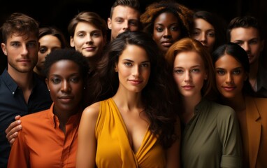Obraz premium A diverse group of young adults pose together for a photo shoot in a studio setting. The group includes men and women of different ethnicities and backgrounds