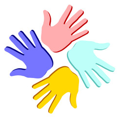Multi coloured painted handprints arranged in a circle on transparent background 