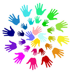 Multi coloured painted handprints arranged in a circle on transparent background 
