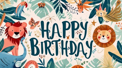 Naklejka premium Happy Birthday Jungle Animals Card