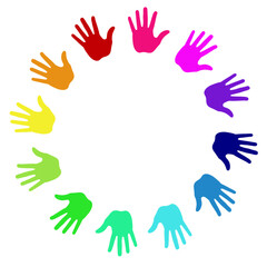 Multi coloured painted handprints arranged in a circle on transparent background 