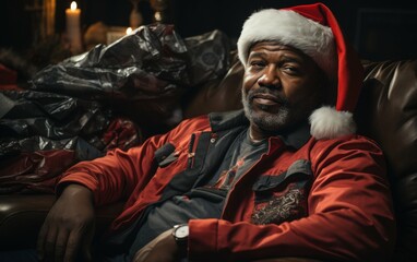 Obraz premium A man wearing a Santa hat relaxes in a chair with a pile of presents behind him