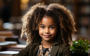 A young girl with long, curly hair smiles for the camera while sitting in a library