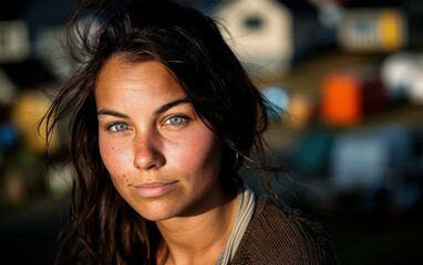 Obraz premium A young woman with long dark hair and blue eyes looks directly at the camera. The background is blurred and out of focus