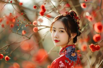 Beautiful asian woman wearing a traditional red dress with flower ornaments in her hair posing in a garden
