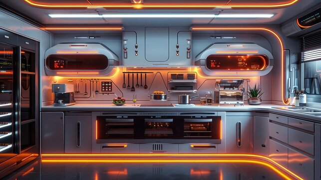 AIpowered robot chef, futuristic kitchen, sleek design, digital interfaces, neon lighting, detailed 3D rendering, high resolution, warm and inviting atmosphere
