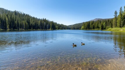 Naklejka premium A pristine mountain lake surrounded by towering pine trees, with a family of ducks gliding across the calm water.