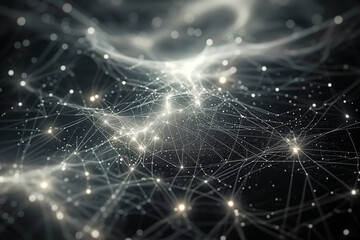 digital network abstract background with interconnected nodes and lines in dark tones