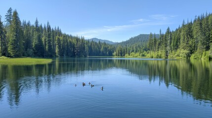 Obraz premium A pristine mountain lake surrounded by towering pine trees, with a family of ducks gliding across the calm water.