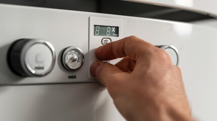 A Hand Pressing The Button on a White Boiler