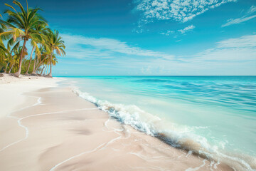 Serene Tropical Beach with Aquamarine Waters, White Sands, and Swaying Palm Trees Under Bright Natural Lighting