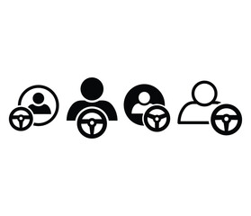 driver car steering wheel person profile icon symbol sign vector design black white color simple illustration collection set isolated