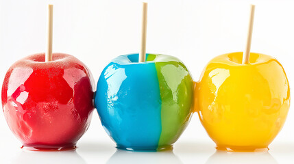 Sweet red, yellow, green and blue toffee apple on white background