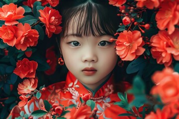 Young girl wearing red dress posing surrounded by red flowers