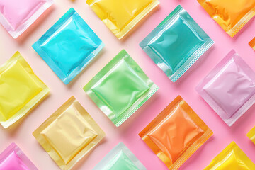 Stylish Flat Lay of Various Condoms in Different Colored Packaging Arranged on Pastel Background