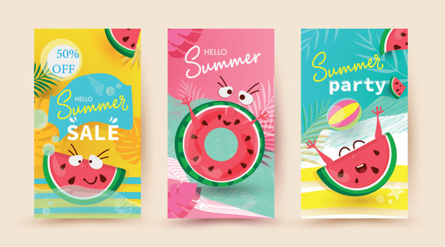 Set of summer sale banners with watermelon. Watermelon background, hot season discount poster, watermelonday